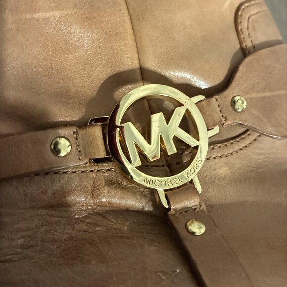 MICHAEL KORS FULTON HARNESS Camel Brown  GOLD MK LOGO LUGGAGE RIDING BOOTS 7.5 - Picture 6 of 9